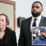 O ex-técnico de futebol americano do Michigan, Sherrone Moore, com sua esposa, Kelli Moore, e a advogada Ellen Michaels, chegando para uma audiência no tribunal.