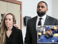 Sherrone Moore, ex-técnico do Michigan desonrado, para saber se ele vai para a cadeia O ex-técnico de futebol americano do Michigan, Sherrone Moore, com sua esposa, Kelli Moore, e a advogada Ellen Michaels, chegando para uma audiência no tribunal.