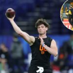 Drew Allar, do Penn State Nittany Lions, lança um passe no NFL Scouting Combine.