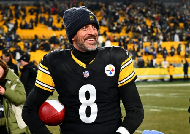 Aaron Rodgers #8 of the Pittsburgh Steelers looks on after the game against the Baltimore Ravens at Acrisure Stadium on January 4, 2026 in Pittsburgh, United States.