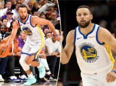 Steph Curry, do Warriors, 38, vê ‘múltiplas’ temporadas ainda pela frente O armador do Golden State Warriors, Stephen Curry, aponta com a mão direita após marcar um arremesso de três pontos.