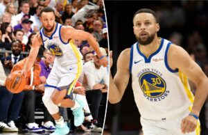 Steph Curry, do Warriors, 38, vê ‘múltiplas’ temporadas ainda pela frente O armador do Golden State Warriors, Stephen Curry, aponta com a mão direita após marcar um arremesso de três pontos.