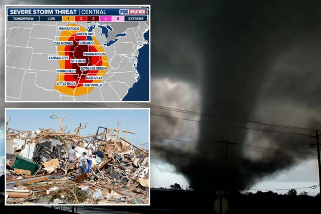 Surto de clima severo se formando com potenciais tornados fortes e de longa duração atingindo milhões de pessoas no Centro-Oeste
