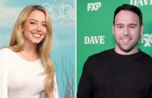 Sydney Sweeney vista nos ombros de Scooter Braun na Stagecoach 2026 Sydney Sweeney vista nos ombros de Scooter Brauns na diligência