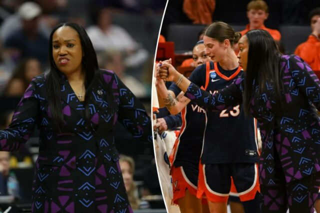 A técnica Amaka Agugua-Hamilton do Virginia Cavaliers reage contra o TCU Horned Frogs durante o quarto período no Sweet Sixteen do Torneio de Basquete Feminino da NCAA de 2026 no Golden 1 Center em 28 de março de 2026 em Sacramento, Califórnia. 
