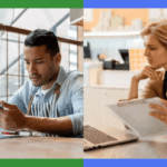 Uma mulher de avental parece confusa enquanto olha para um laptop e segura uma prancheta.