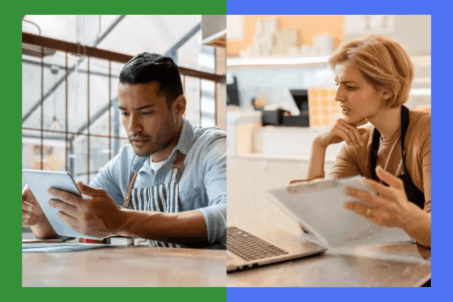 Uma mulher de avental parece confusa enquanto olha para um laptop e segura uma prancheta.