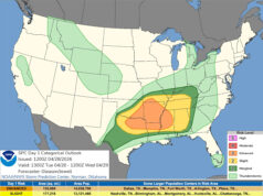 Tempestades atingiram o Centro-Oeste. Agora granizo gigante e tornados aparecem na terça-feira O Storm Prediction Center mostra riscos climáticos severos na terça-feira, 28 de abril de 2026.