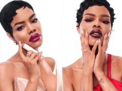 Teyana Taylor diz que este batom de US$ 7 ‘eleva toda a sua vibração’ Batom Revlon vermelho em tubo preto e dourado com tampa removida.