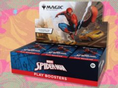 The Magic: The Gathering Marvel Spider-Man Play Booster Box está abaixo do preço de mercado no TCGplayer The Magic: The Gathering Marvel's Spider-Man Play Booster Display Box em um fundo branco