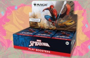 The Magic: The Gathering Marvel Spider-Man Play Booster Box está abaixo do preço de mercado no TCGplayer The Magic: The Gathering Marvel's Spider-Man Play Booster Display Box em um fundo branco