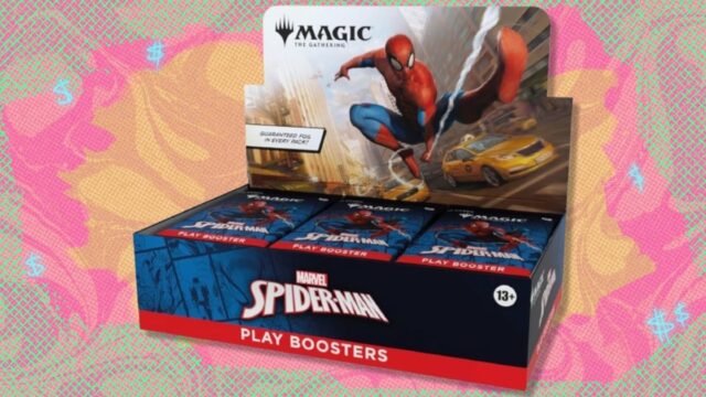 The Magic: The Gathering Marvel Spider-Man Play Booster Box está The Magic: The Gathering Marvel's Spider-Man Play Booster Display Box em um fundo branco