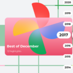 Uma mão segurando o logotipo do Google Fotos em frente a um fundo colorido repleto de miniaturas de imagens e formas geométricas.