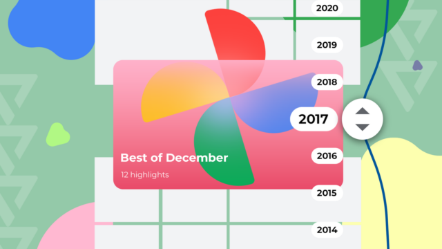 Uma mão segurando o logotipo do Google Fotos em frente a um fundo colorido repleto de miniaturas de imagens e formas geométricas.