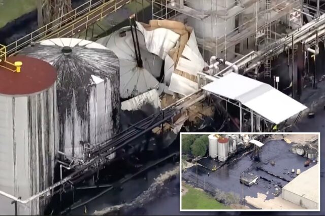 Uma instalação industrial mostra um tanque de asfalto rompido, vazando asfalto preto no chão, e dois tanques intactos com asfalto escuro escorrendo pelas laterais.