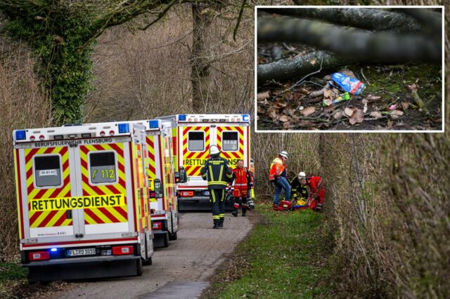 Equipes de resgate estão no local após um acidente em uma área de madeira a sudeste de Flensburg, Alemanha, no domingo, 5 de abril de 2026. 