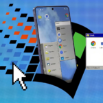 Mascote do Android entre caixas de papelão etiquetadas para aplicativos, capturas de tela, notificações e distrações, em frente à tela de um smartphone, com uma vassoura apoiada nas caixas.