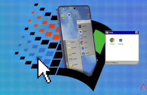 Transformei meu telefone de US$ 1.000 em um computador desktop de 1995 com este peculiar iniciador de Android Mascote do Android entre caixas de papelão etiquetadas para aplicativos, capturas de tela, notificações e distrações, em frente à tela de um smartphone, com uma vassoura apoiada nas caixas.