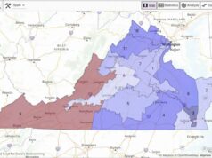 Tribunal da Virgínia interrompe a implementação do mapa do Congresso desenhado pelos democratas Mapa proposto do distrito congressional para a Virgínia, mostrando os limites e números do distrito.