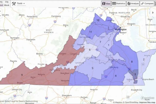 Mapa proposto do distrito congressional para a Virgínia, mostrando os limites e números do distrito.