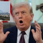 O presidente dos EUA, Donald Trump, falando com a boca aberta e as mãos estendidas no Salão Oval.