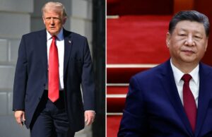Trump ameaça a China com “grandes problemas” se armar o regime iraniano Donald Trump em terno azul marinho e gravata vermelha andando ao ar livre.