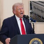 Presidente Donald Trump falando sobre a guerra do Irã em um pódio com o Selo do Presidente dos Estados Unidos.