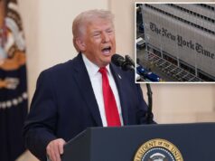 Trump chama ‘fracassado New York Times’ por erro embaraçoso da OTAN no papel Presidente Donald Trump falando sobre a guerra do Irã em um pódio com o Selo do Presidente dos Estados Unidos.