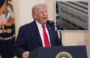 Trump chama ‘fracassado New York Times’ por erro embaraçoso da OTAN no papel Presidente Donald Trump falando sobre a guerra do Irã em um pódio com o Selo do Presidente dos Estados Unidos.