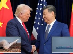 Trump diz que a China concorda em não enviar armas ao Irã – e prevê que Xi Jinping lhe dará um ‘grande e gordo abraço’ Donald Trump e Xi Jinping apertando as mãos, com as bandeiras dos EUA e da China atrás deles.