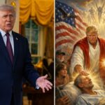 Ilustração gerada por IA representando Donald Trump como Jesus, curando um homem em uma cama de hospital, cercado por apoiadores, com uma bandeira americana, águias, jatos militares e a Estátua da Liberdade ao fundo.