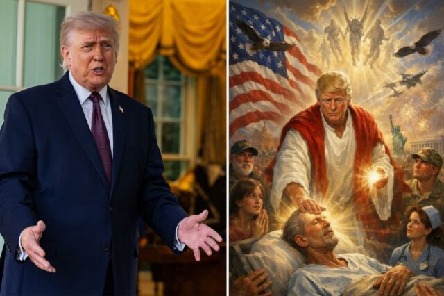 Ilustração gerada por IA representando Donald Trump como Jesus, curando um homem em uma cama de hospital, cercado por apoiadores, com uma bandeira americana, águias, jatos militares e a Estátua da Liberdade ao fundo.