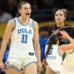 Gabriela Jaquez, da UCLA, reage na frente de Tessa Johnson, da Carolina do Sul, durante um jogo de basquete universitário.