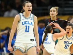 UCLA domina a Carolina do Sul e vence o primeiro campeonato nacional Gabriela Jaquez, da UCLA, reage na frente de Tessa Johnson, da Carolina do Sul, durante um jogo de basquete universitário.