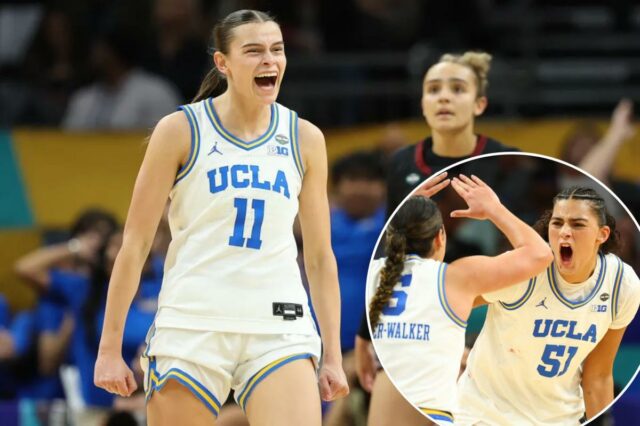 Gabriela Jaquez, da UCLA, reage na frente de Tessa Johnson, da Carolina do Sul, durante um jogo de basquete universitário.