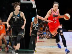 Uma Han Xu mais alta traz uma combinação perigosa em seu retorno à Liberdade Um jogador de basquete com uma camisa vermelha com o número 21 e