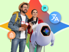 Usei Gemini como meu tradutor pessoal e guia turístico em uma viagem internacional e foi incrível Ilustração mostrando o logotipo da Gemini no centro, cercado por ícones do Gmail, Docs, restaurante e viagens do Google.