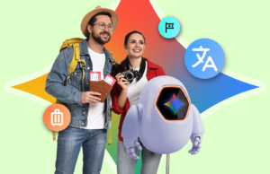 Usei Gemini como meu tradutor pessoal e guia turístico em uma viagem internacional e foi incrível Ilustração mostrando o logotipo da Gemini no centro, cercado por ícones do Gmail, Docs, restaurante e viagens do Google.