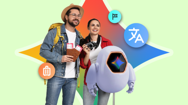 Ilustração mostrando o logotipo da Gemini no centro, cercado por ícones do Gmail, Docs, restaurante e viagens do Google.