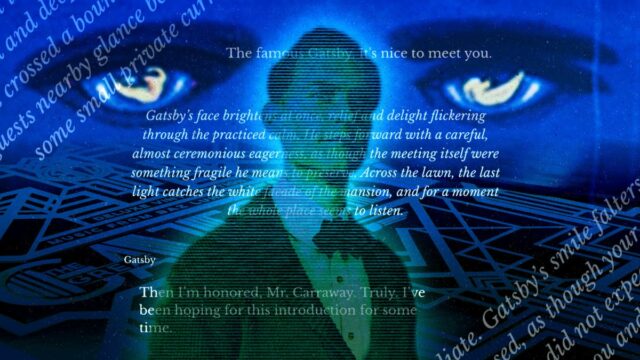 Uma captura de tela da página Character.AI Books para um cenário de dramatização de GreatGatsby. Ele mostra uma lista de caracteres na parte superior e opções para selecionar 