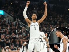 Victor Wembanyama defende veementemente o choro em quadra: ‘Recusa-se a carregar o fardo’ O atacante do San Antonio Spurs, Victor Wembanyama (1), levanta os braços e agradece aos fãs antes de sair durante o segundo tempo do quinto jogo da primeira rodada dos Playoffs da NBA de 2026 contra o Portland Trail Blazers no Frost Bank Center.
