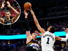 Victor Wembanyama se torna o primeiro jogador defensivo do ano da NBA por consenso O atacante do Spurs, Victor Wembanyama (1), bloqueia o chute do pivô do Denver Nuggets, Nikola Jokic (15), no segundo quarto na Ball Arena.