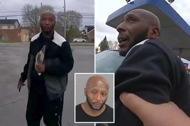 Donald Fields parado no estacionamento de um posto de gasolina.