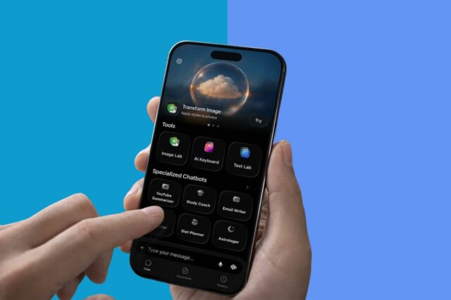 Ilustração do aplicativo ChatOn mostrando sua interface para seleção de modelos de IA como GPT-5, Gemini 2.5 Pro, Claude 4.5 Sonnet e Sonar.