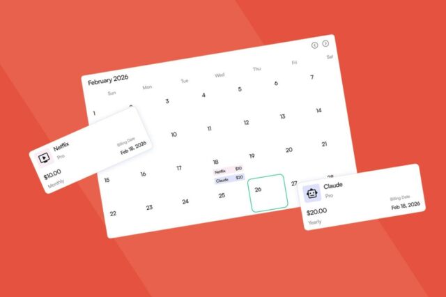 Um laptop exibe um aplicativo que rastreia assinaturas mensais, anuais e de avaliação, cercado por itens de mesa como cactos, um porta-canetas e uma xícara de chá.