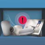 Ilustração de um plugue inteligente em uma tomada de parede com ícones de automação residencial digital em um fundo azul.