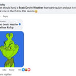 Uma captura de tela incluída no processo da WINK News mostra Matt Devitt respondendo com uma imagem do Grinch a um comentário no Facebook sobre os guias de furacões Publix.