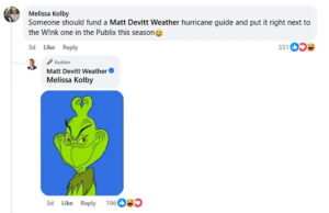 WINK News processou o meteorologista da Flórida Matt Devitt. O que sabemos? Uma captura de tela incluída no processo da WINK News mostra Matt Devitt respondendo com uma imagem do Grinch a um comentário no Facebook sobre os guias de furacões Publix.