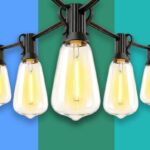 Luzes de corda com lâmpadas transparentes, controle remoto e exemplos de configurações de luz.