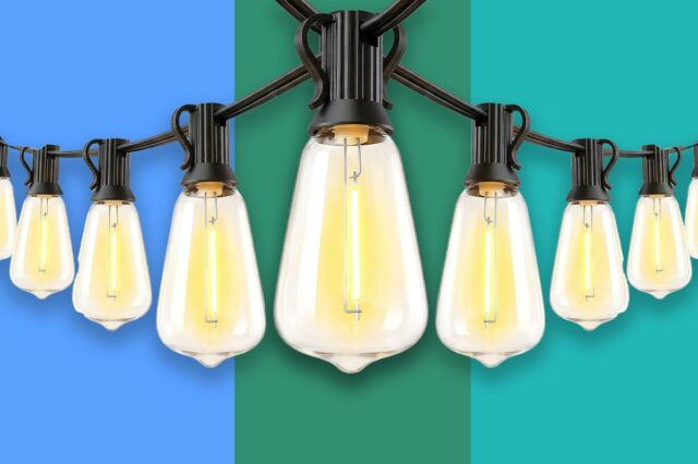 Luzes de corda com lâmpadas transparentes, controle remoto e exemplos de configurações de luz.